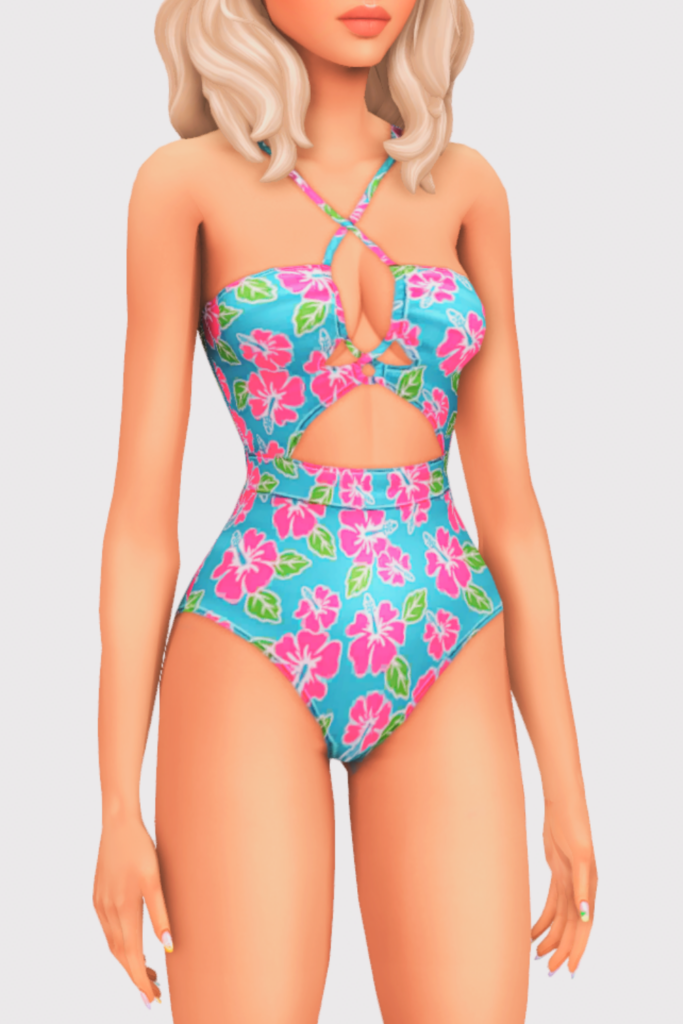 a female sim wearing a one piece cc swimsuit