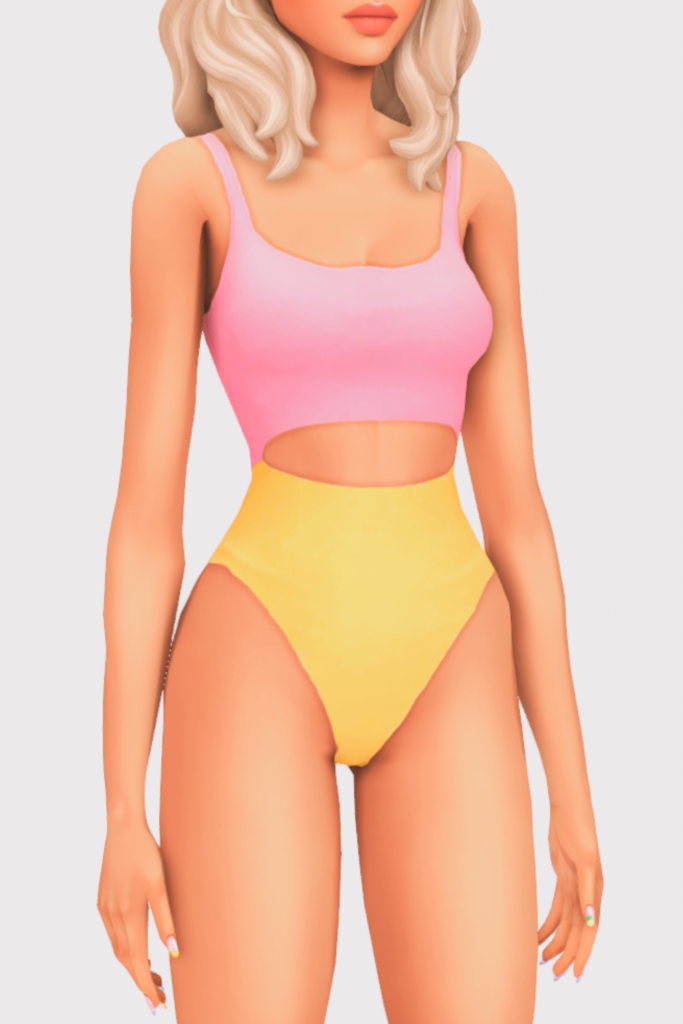 a female sim wearing a one piece cc swimsuit