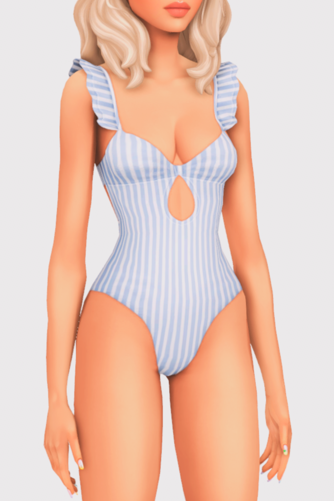 a female sim wearing a one piece cc swimsuit