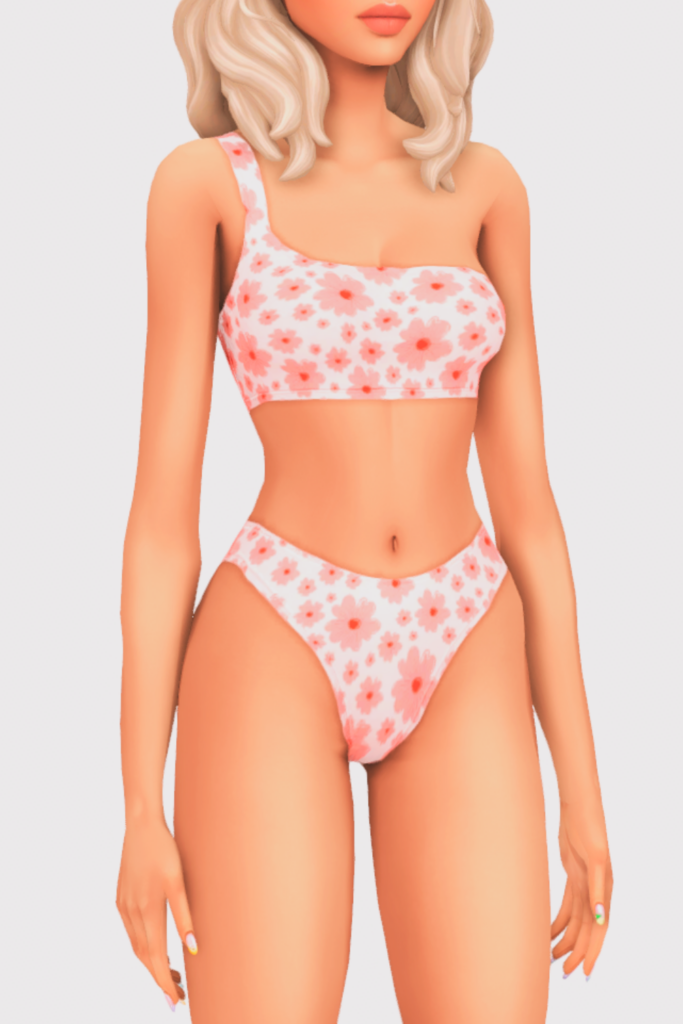 a female sim wearing a two piece cc swimsuit