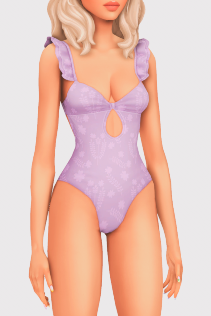 a female sim wearing a one piece cc swimsuit