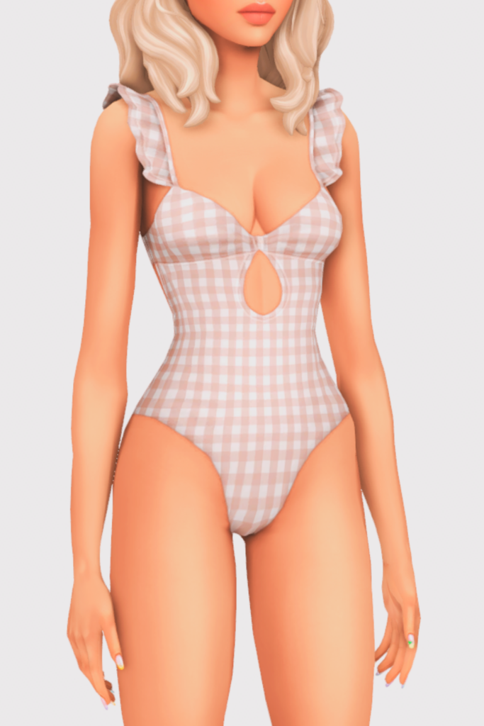 a female sim wearing a one piece cc swimsuit
