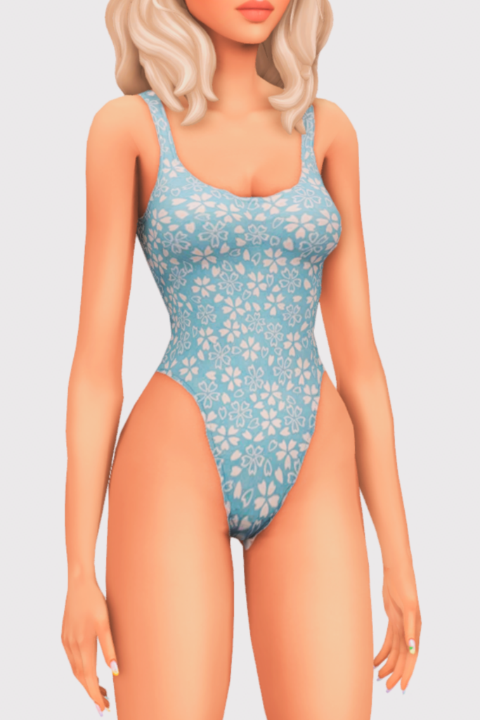 a female sim wearing a one piece cc swimsuit