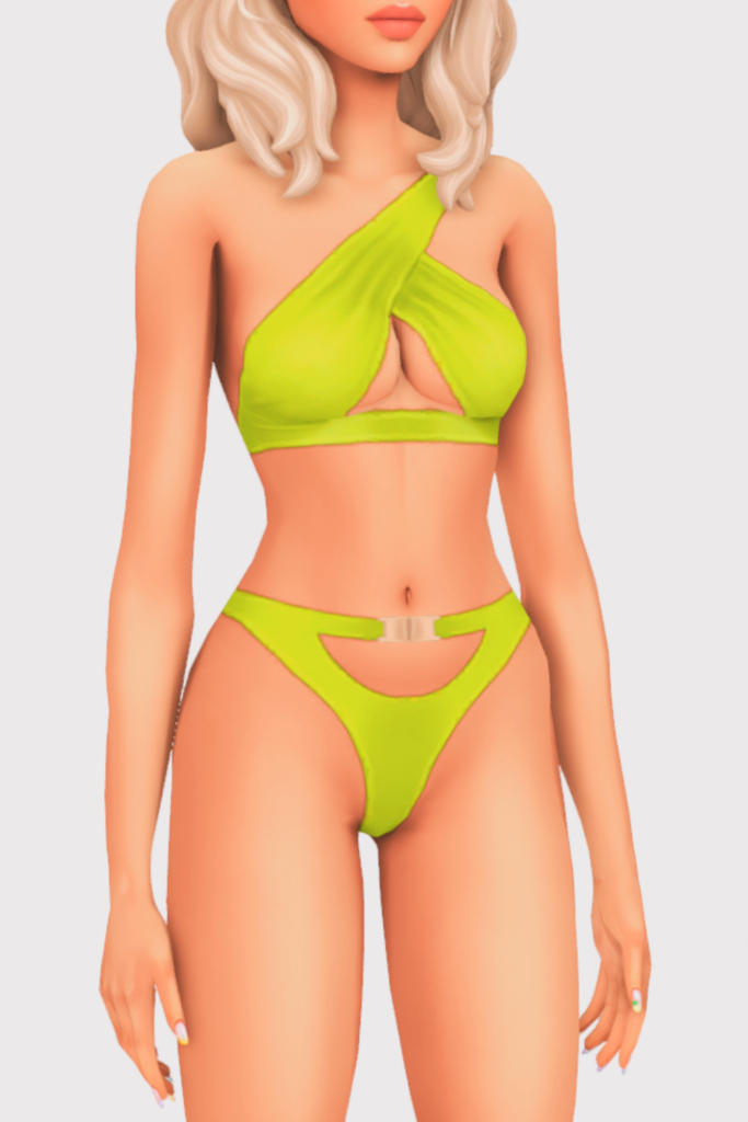 a female sim wearing a two piece cc swimsuit