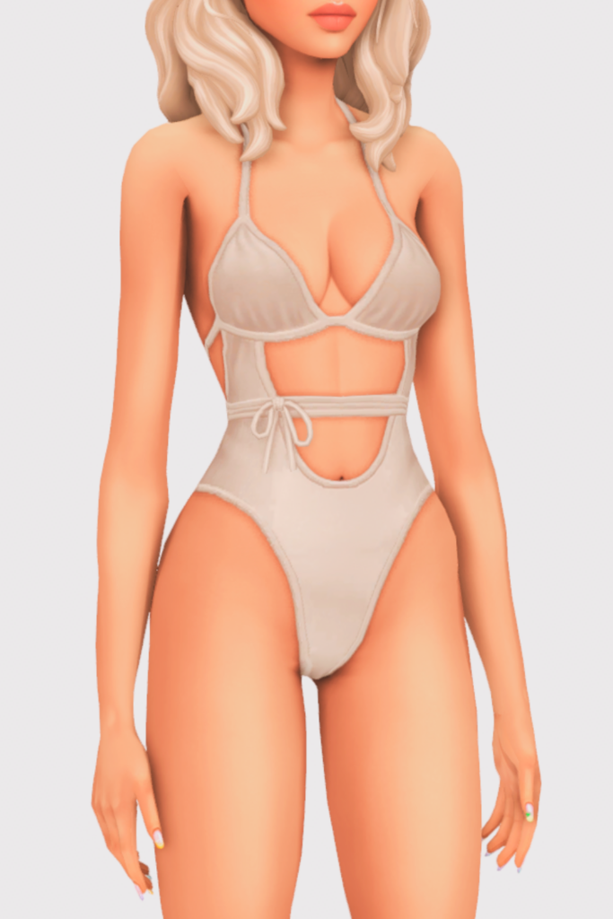 a female sim wearing a one piece cc swimsuit