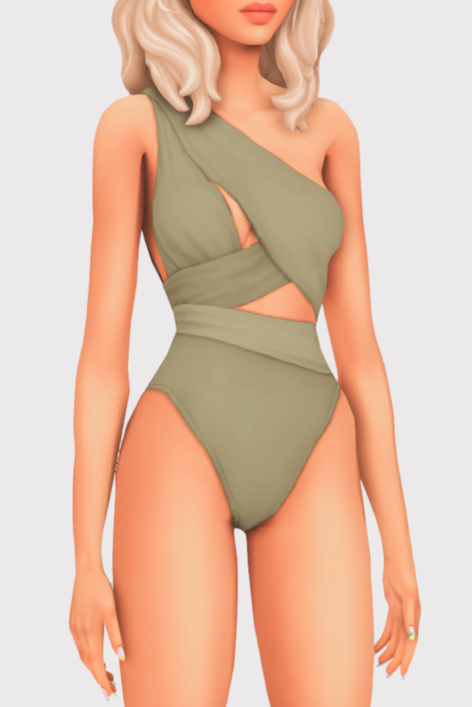 a female sim wearing a one piece cc swimsuit