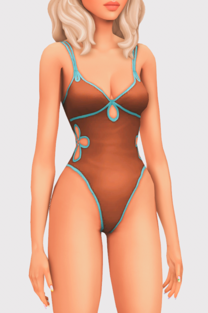 a female sim wearing a one piece cc swimsuit