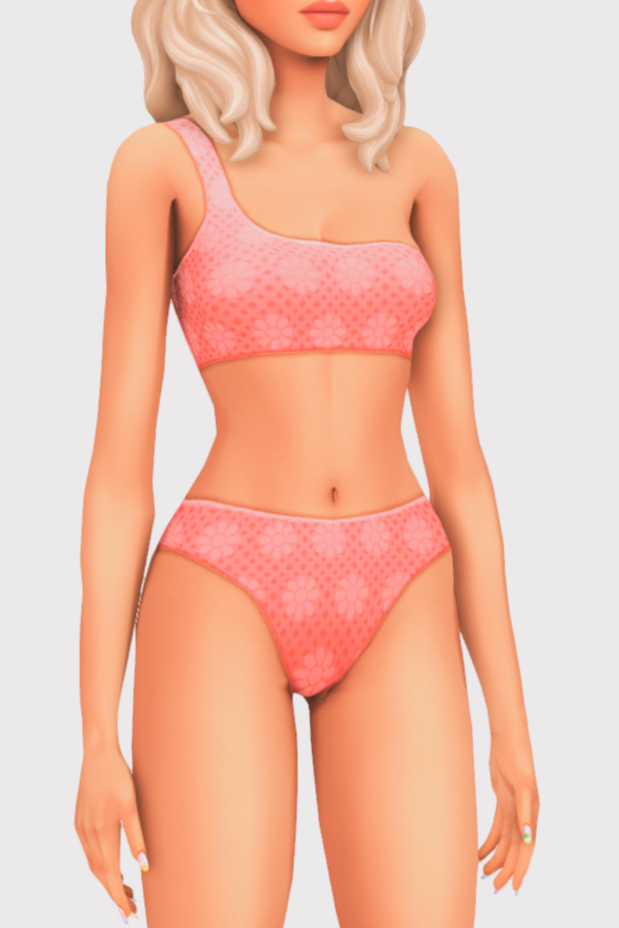 a female sim wearing a two piece cc swimsuit