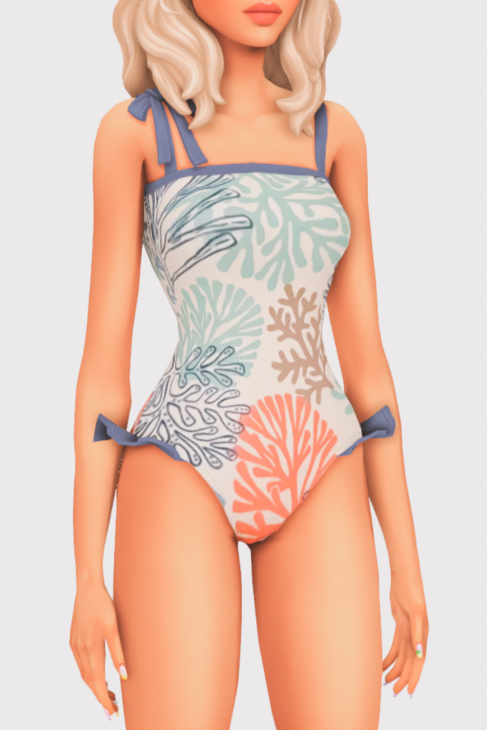 a female sim wearing a one piece cc swimsuit