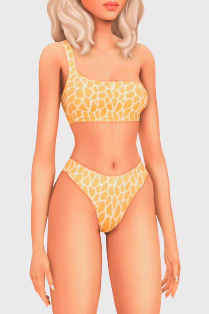 a female sim wearing a two piece cc swimsuit