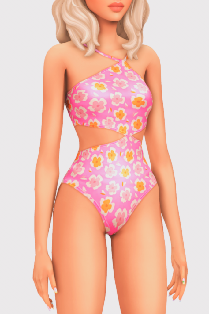 a female sim wearing a one piece cc swimsuit