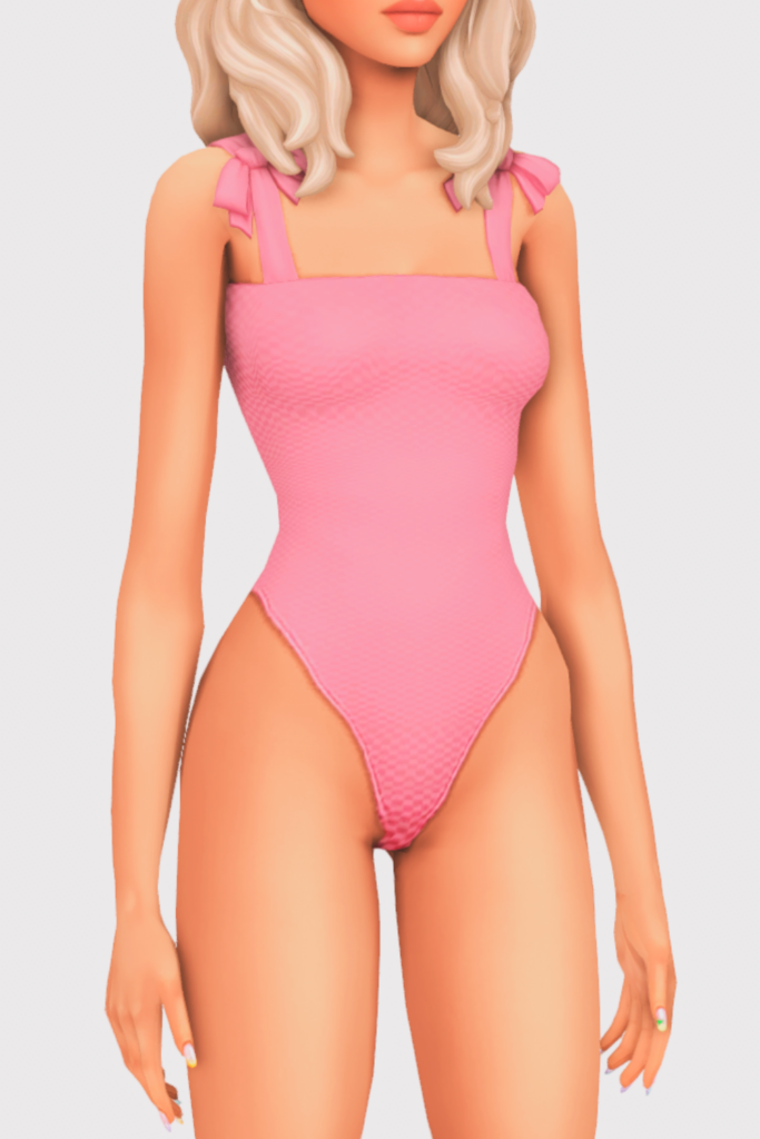 a female sim wearing a one piece cc swimsuit