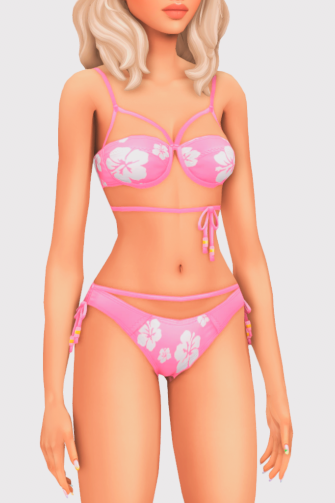 a female sim wearing a two piece cc swimsuit