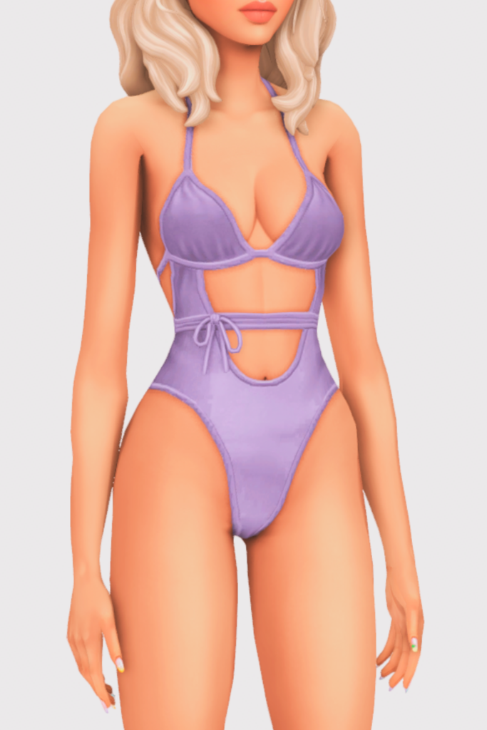 a female sim wearing a one piece cc swimsuit