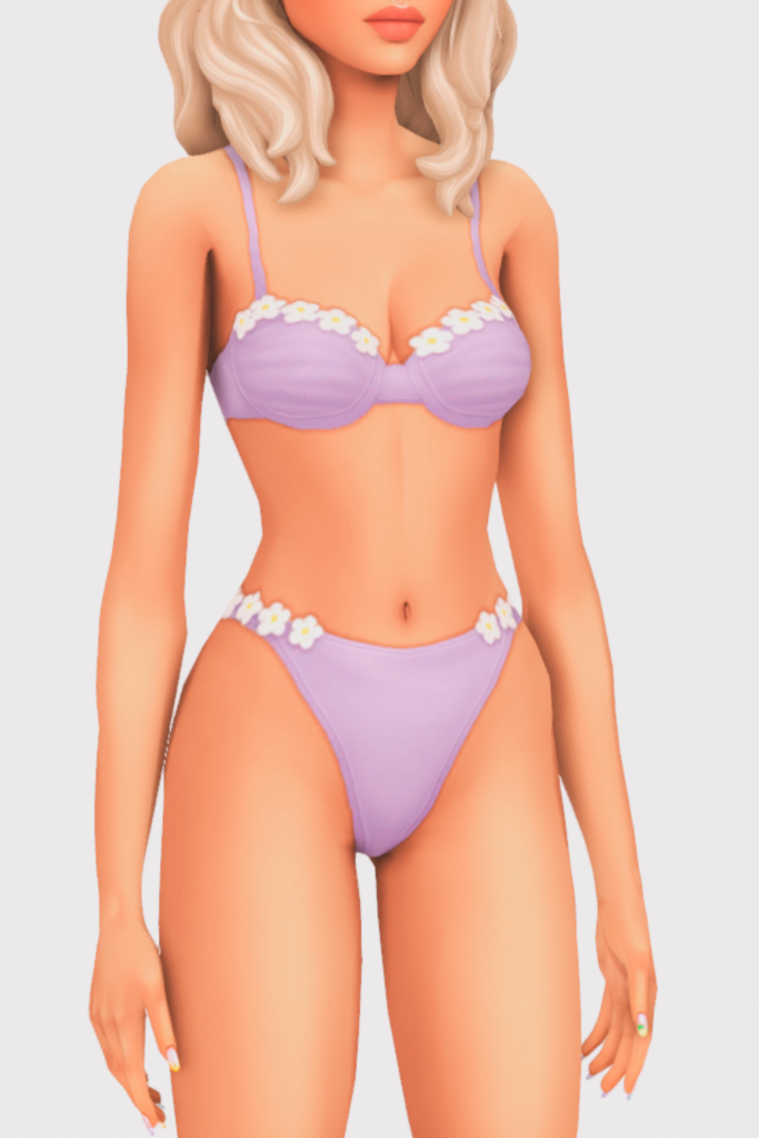 a female sim wearing a two piece cc swimsuit
