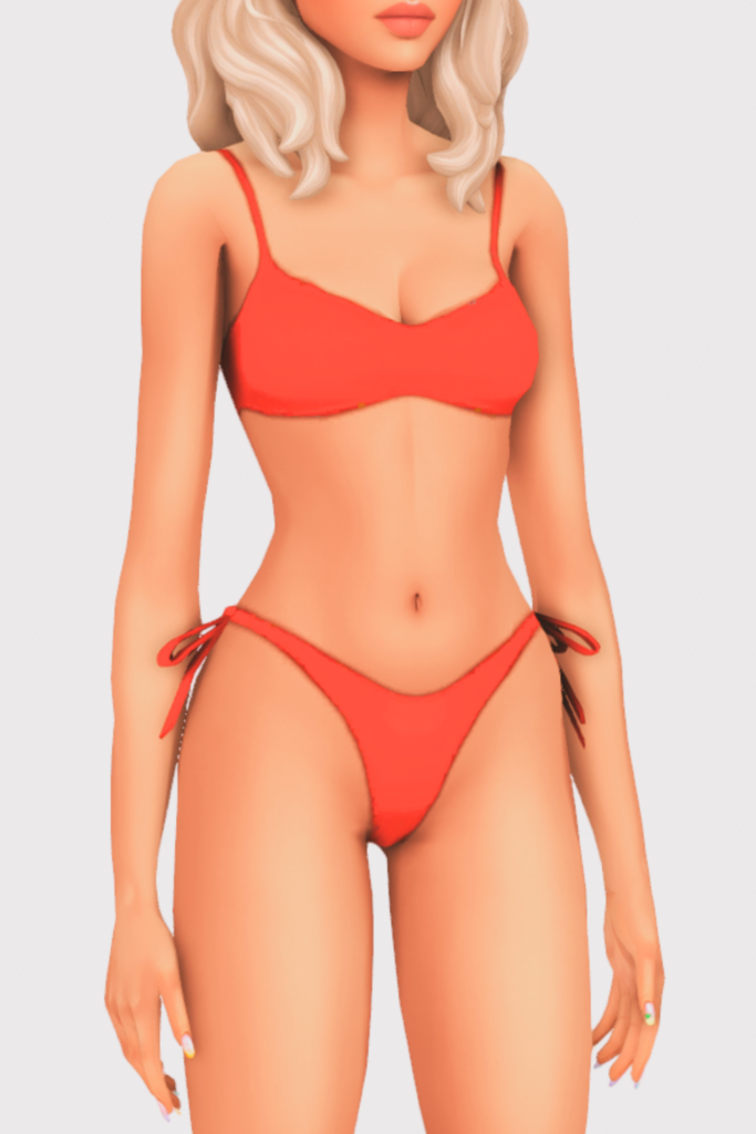 a female sim wearing a two piece cc swimsuit