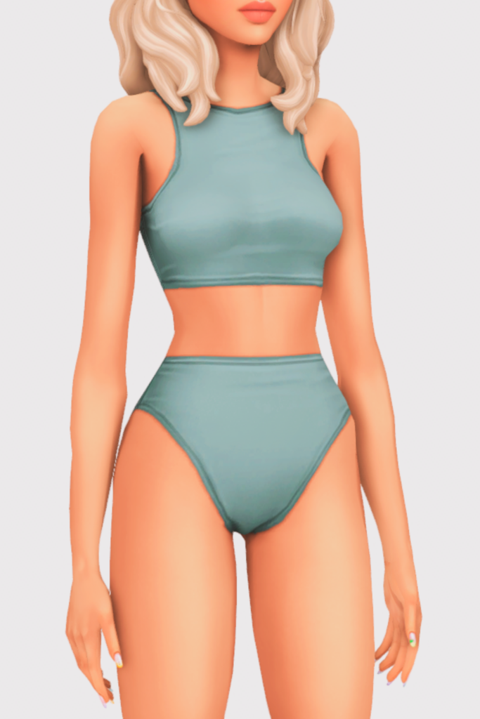 a female sim wearing a two piece cc swimsuit
