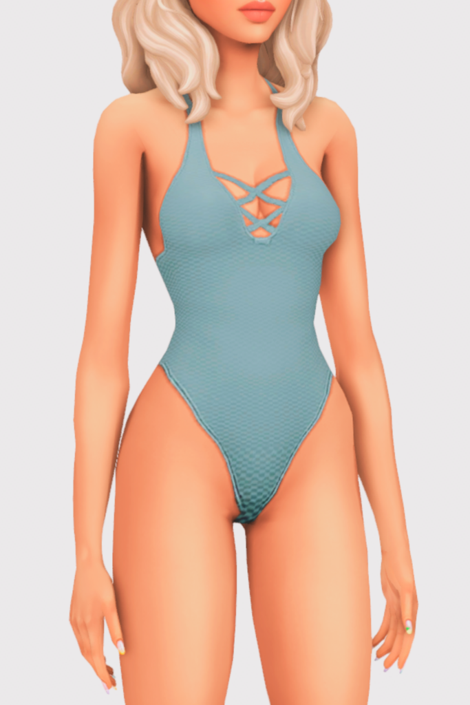 a female sim wearing a one piece cc swimsuit