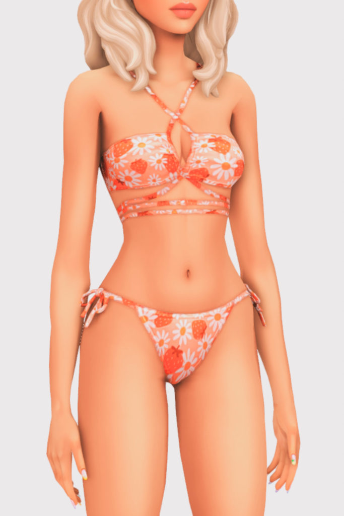 a female sim wearing a two piece cc swimsuit