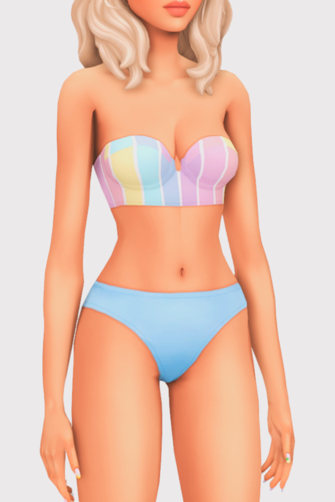 a female sim wearing a two piece cc swimsuit