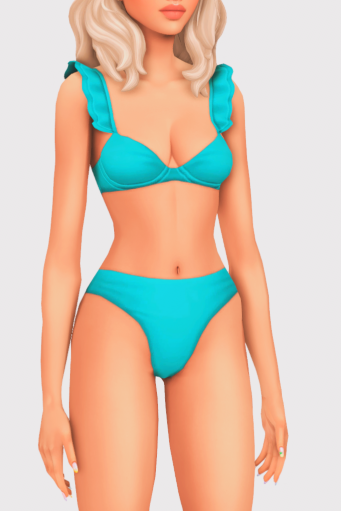 a female sim wearing a two piece cc swimsuit