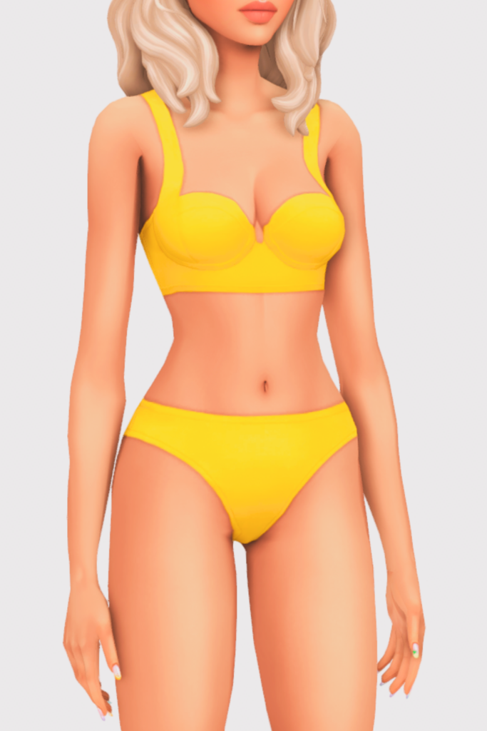 a female sim wearing a two piece cc swimsuit