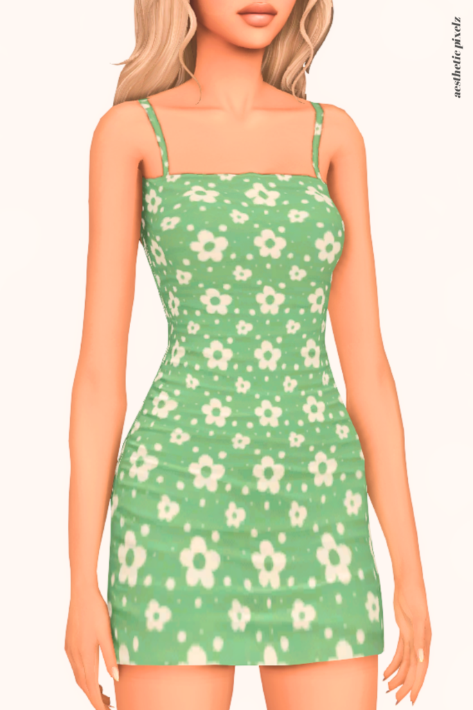 a female sim wearing a custom content dress in the sims 4 that is short and casual style