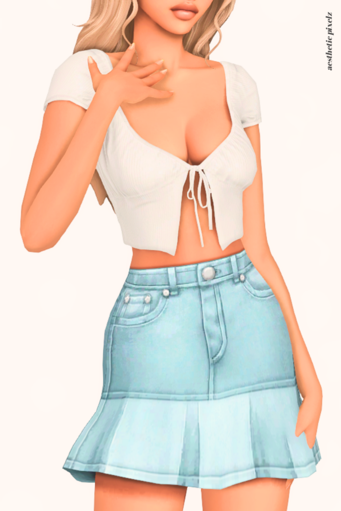a female sim wearing a custom content mini skirt in the sims 4