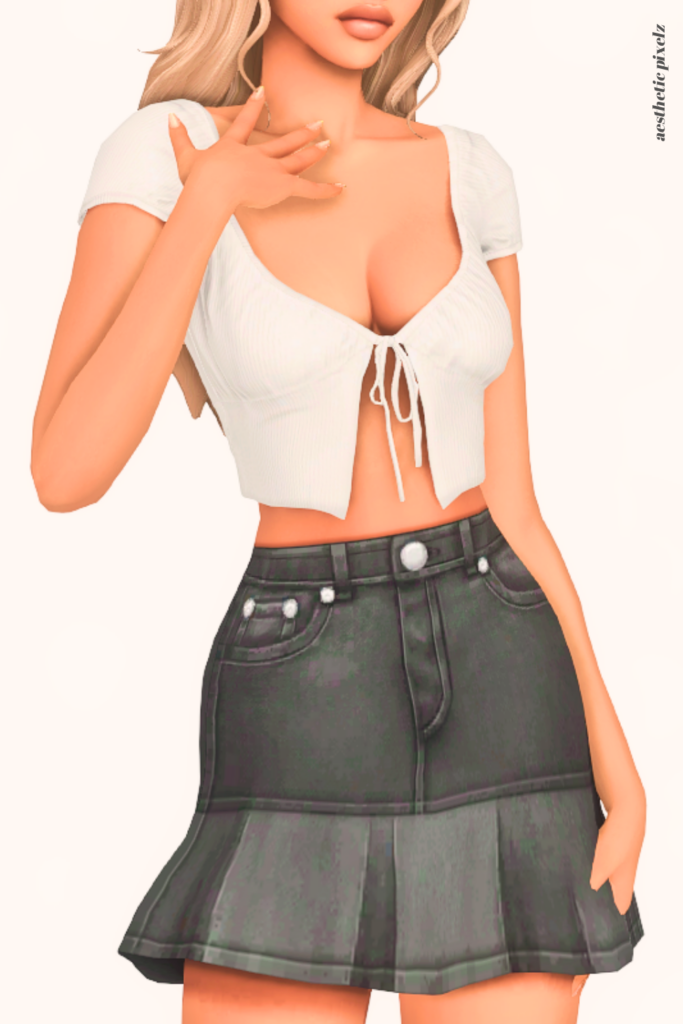a female sim wearing a custom content mini skirt in the sims 4
