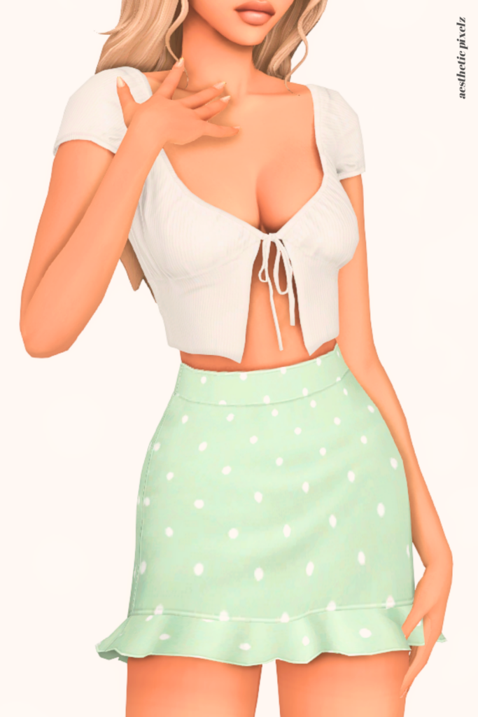 a female sim wearing a custom content mini skirt in the sims 4