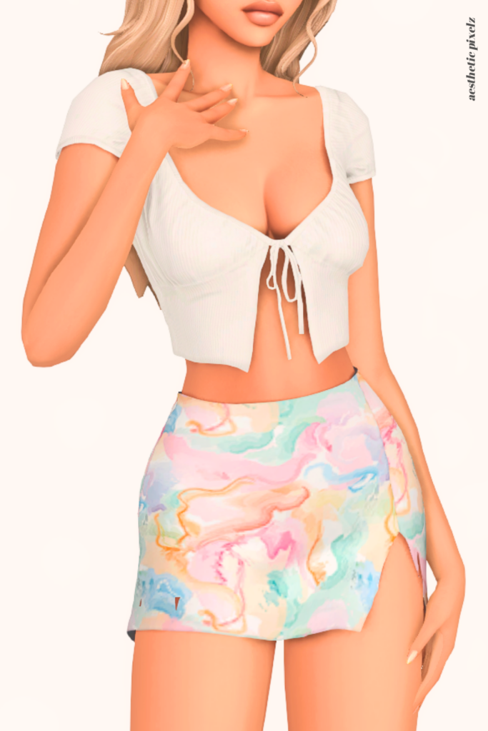 a female sim wearing a custom content mini skirt in the sims 4