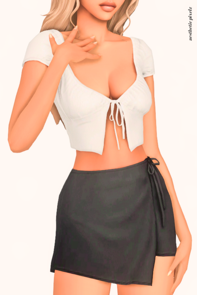 a female sim wearing a custom content mini skirt in the sims 4