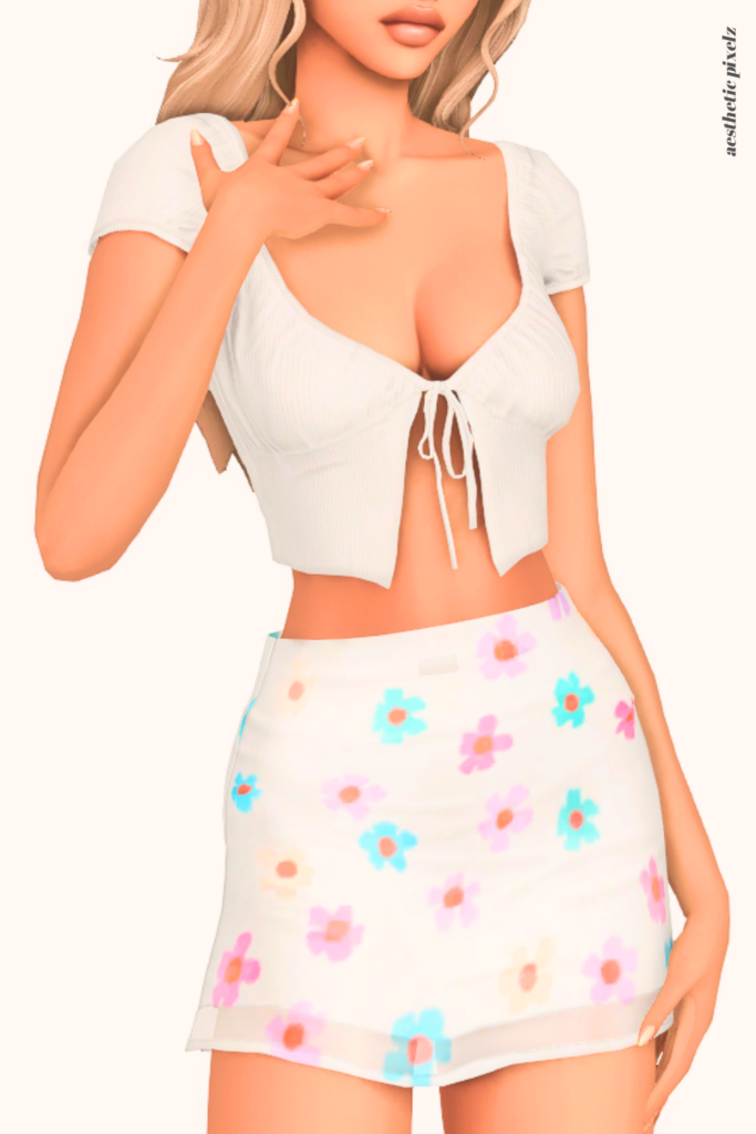 a female sim wearing a custom content mini skirt in the sims 4