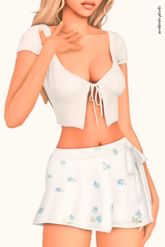 a female sim wearing a custom content mini skirt in the sims 4