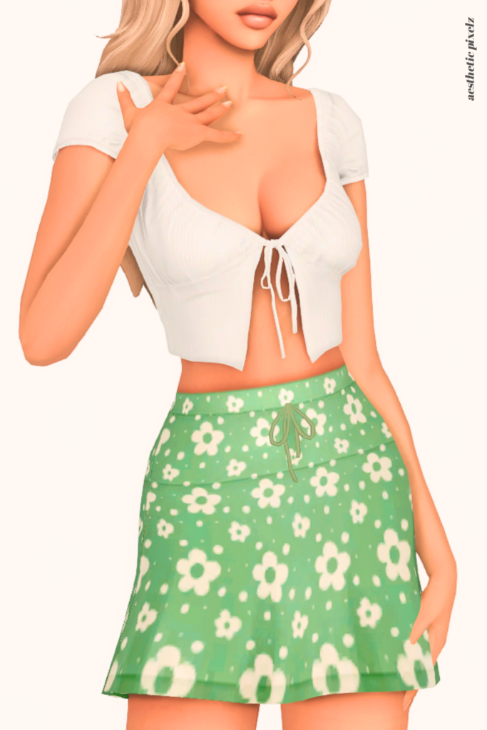 a female sim wearing a custom content mini skirt in the sims 4