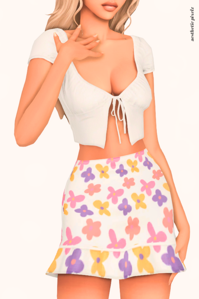a female sim wearing a custom content mini skirt in the sims 4