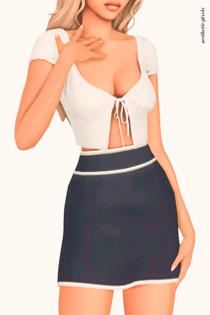 a female sim wearing a custom content mini skirt in the sims 4