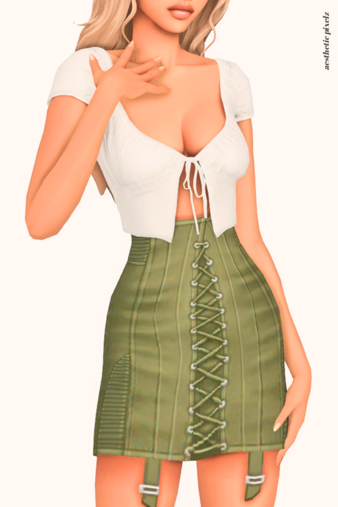a female sim wearing a custom content mini skirt in the sims 4