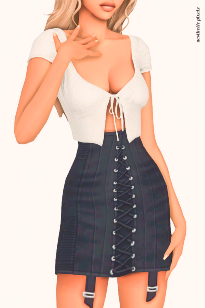 a female sim wearing a custom content mini skirt in the sims 4