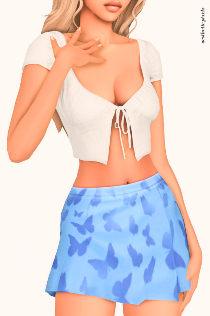 a female sim wearing a custom content mini skirt in the sims 4