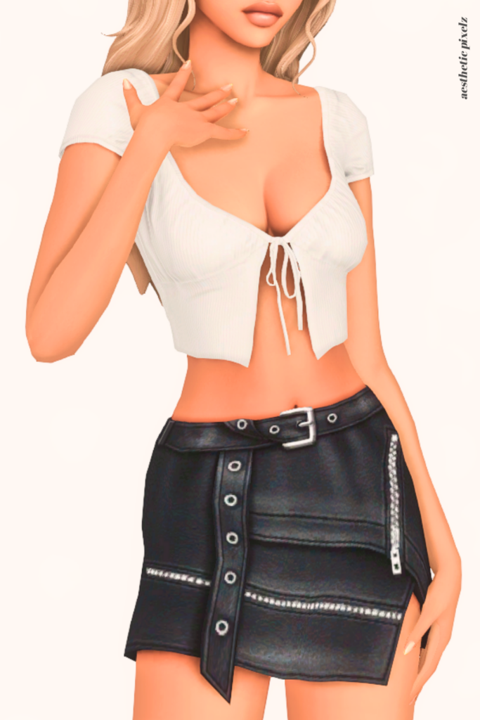 a female sim wearing a custom content mini skirt in the sims 4
