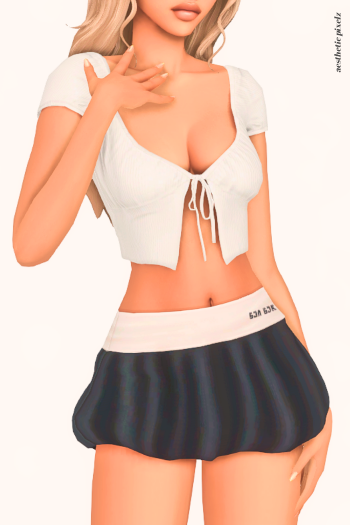 a female sim wearing a custom content mini skirt in the sims 4