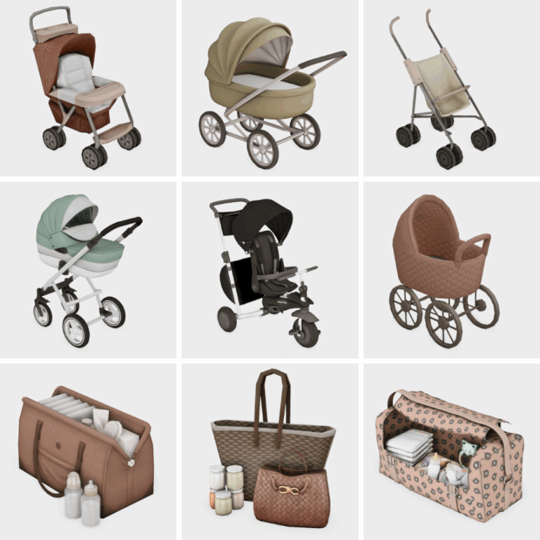 sims 4 baby cc lookbook with strollers and diaper bags