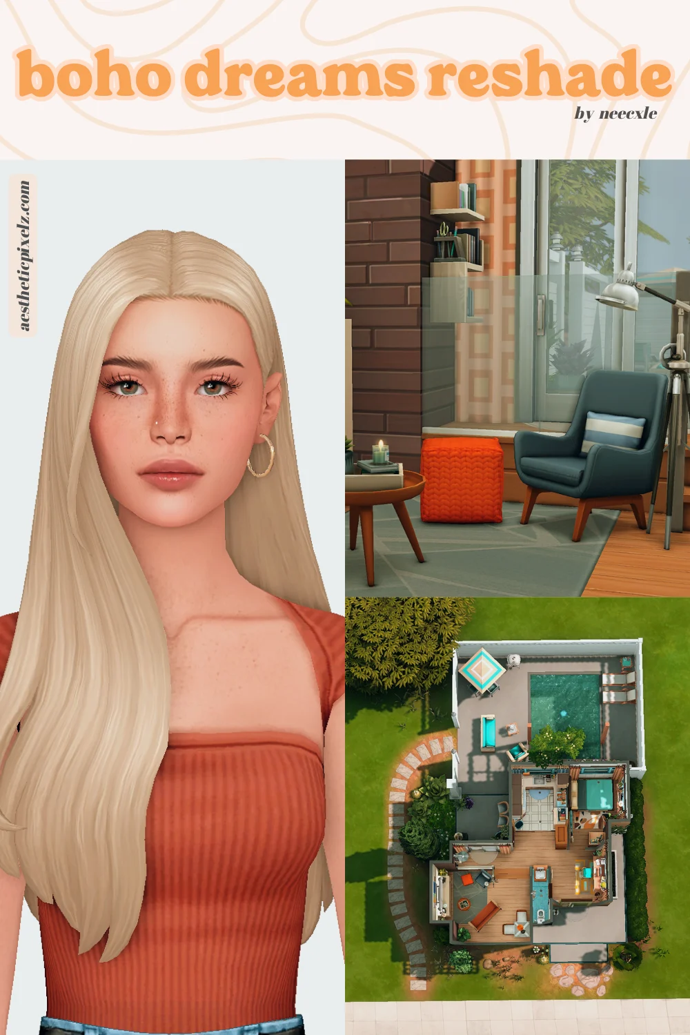 images showing off the boho dreams reshade for the sims 4
