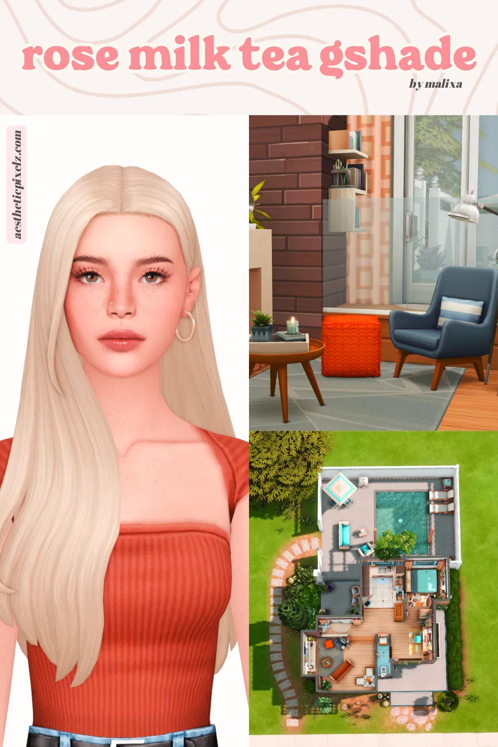 images showing off the rose milk tea gshade for the sims 4