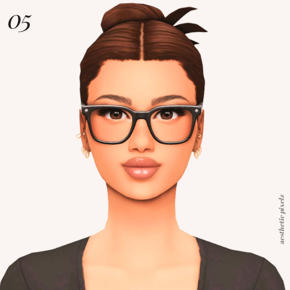 a sim with cc glasses and her hair in a bun