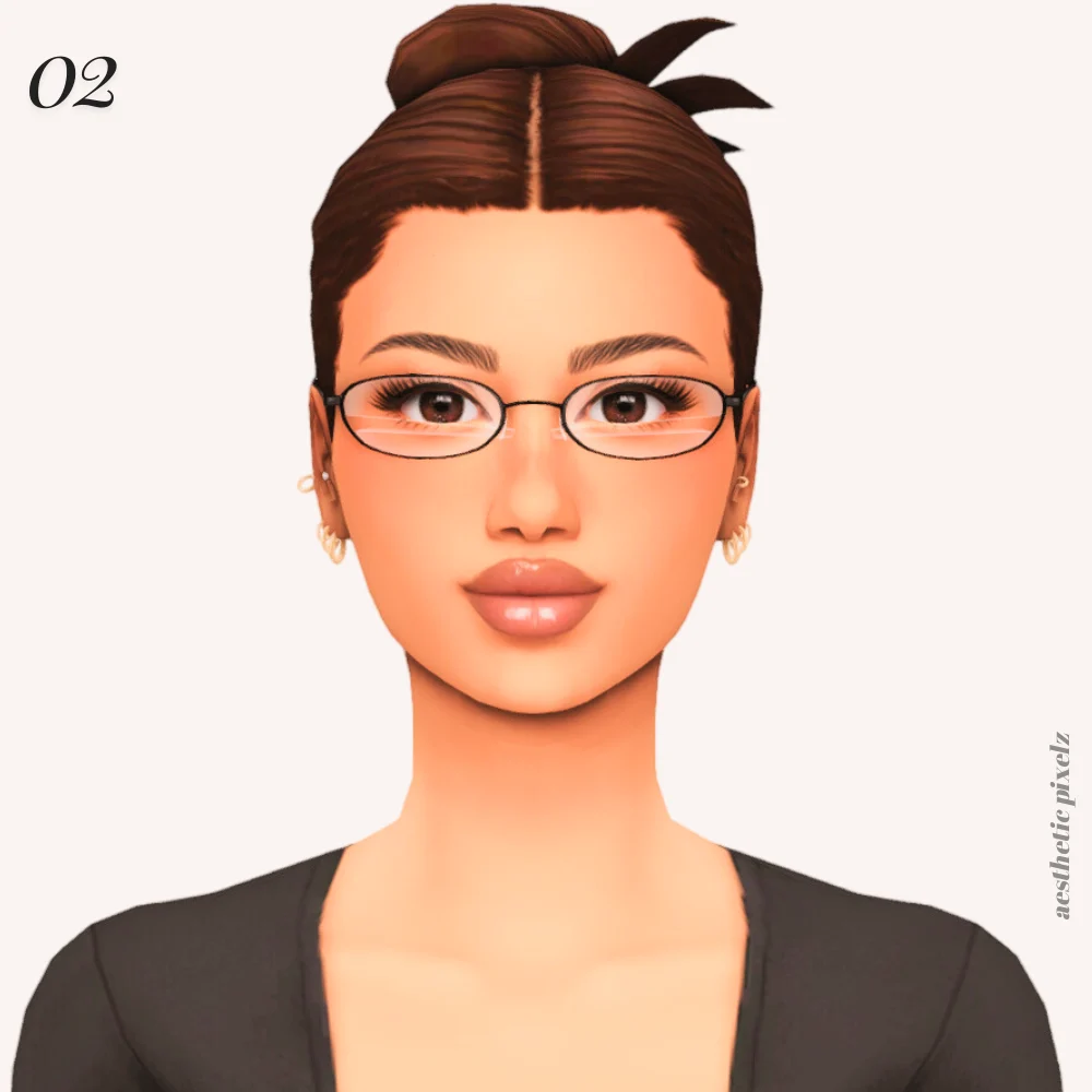a sim with cc glasses and her hair in a bun