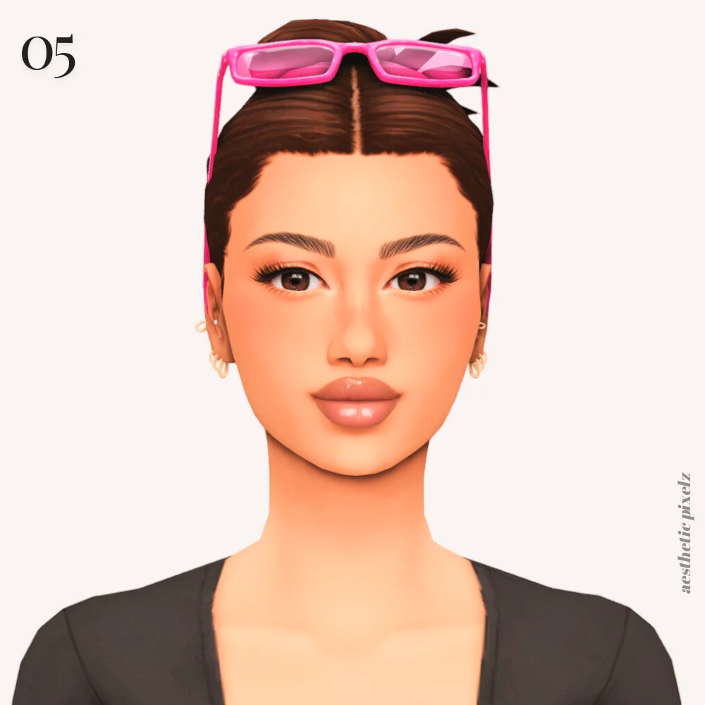 a sim wearing cc pink sunglasses on her head and her hair in a bun