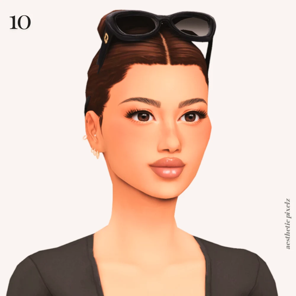 a sim wearing cc sunglasses on her head and her hair in a bun