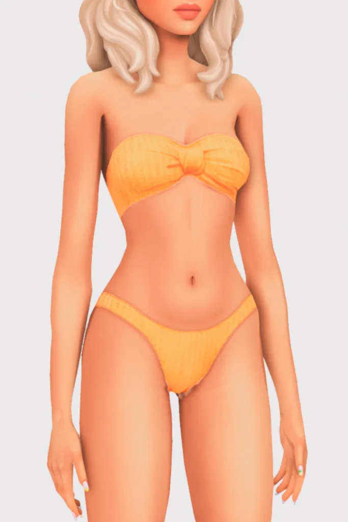 a female sim wearing a two piece cc swimsuit